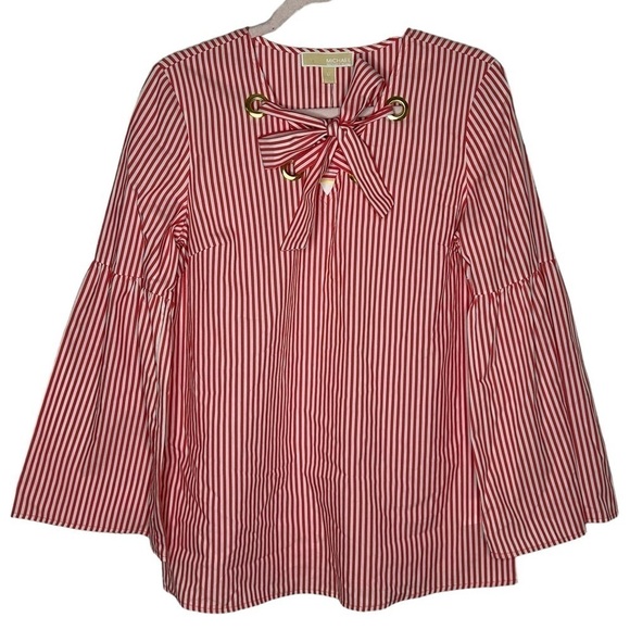 MICHAEL Michael Kors Striped Lace Up Poplin Bell Sleeve Top- NWT - Picture 2 of 13